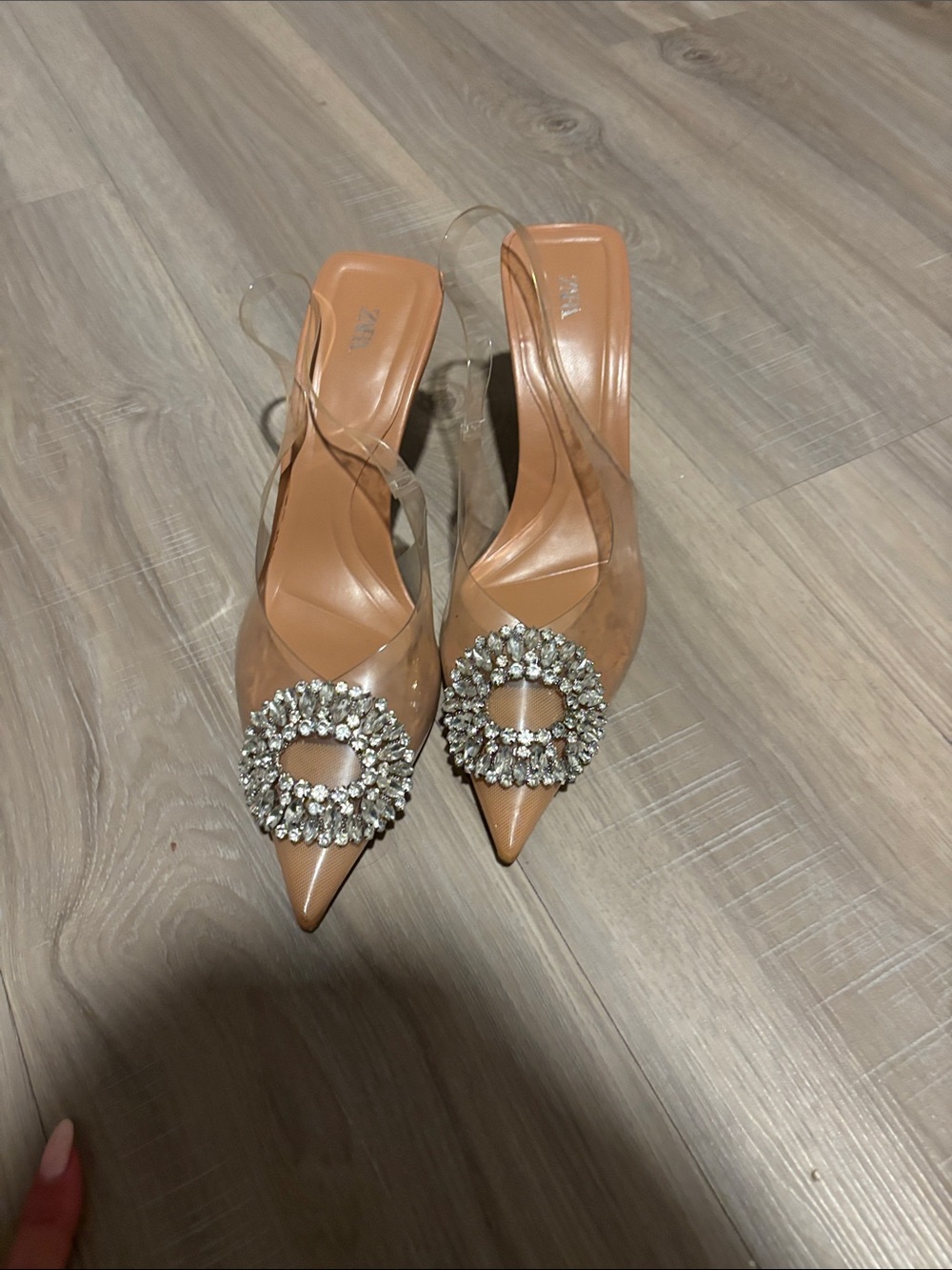 Zara Nude Pointed Slingback Heels with Crystal Circle Buckles